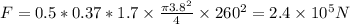 F= 0.5*0.37*1.7\times \frac {\pi 3.8^{2}}{4}\times 260^{2}=2.4\times 10^{5} N