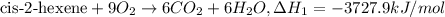 \text{cis-2-hexene}+9O_2\rightarrow 6CO_2+6H_2O,\Delta H_1=-3727.9 kJ/mol