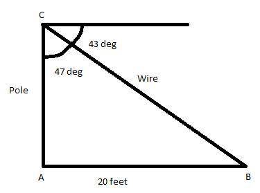 A wire attached to the top of a pole reaches a stake in the ground 20 feet from the foot of the pole