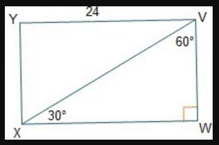 Line segment YV of rectangle YVWX measures 24 units.  Rectangle Y V W X is shown. A diagonal is draw