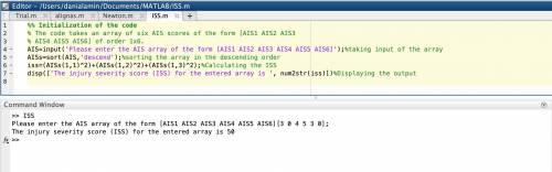 Write a MATLAB script m-file to compute the ISS given an array of 6 AIS scores, which represent the