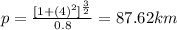 p = \frac{[1+(4)^{2}]^{\frac{3}{2} }  }{0.8}  = 87.62 km