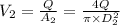 V_{2} = \frac{Q}{A_{2}} = \frac{4Q}{\pi \times D^{2}_{2}}