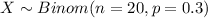 X \sim Binom(n=20, p=0.3)