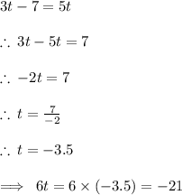 3t - 7 = 5t \\  \\  \therefore \: 3t - 5t = 7 \\  \\ \therefore \:  - 2t = 7 \\  \\  \therefore \: t =  \frac{7}{ - 2}  \\  \\  \therefore \: t = -  3.5 \\  \\  \implies \: 6t = 6 \times ( - 3.5) =  - 21