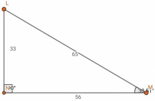In ΔLMN, the measure of ∠N=90°, NM = 56, ML = 65, and LN = 33. What ratio represents the sine of ∠M?