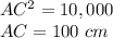 AC^2=10,000\\AC=100\ cm