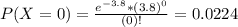 P(X = 0) = \frac{e^{-3.8}*(3.8)^{0}}{(0)!} = 0.0224