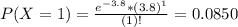 P(X = 1) = \frac{e^{-3.8}*(3.8)^{1}}{(1)!} = 0.0850