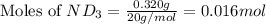 \text{Moles of }ND_3=\frac{0.320g}{20g/mol}=0.016mol