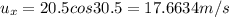 u_x= 20.5cos 30.5=17.6634 m/s
