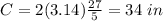 C=2(3.14)\frac{27}{5}=34\ in