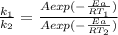 \frac{k_1}{k_2}=\frac{Aexp(-\frac{Ea}{RT_1} )}{Aexp(-\frac{Ea}{RT_2} )} \\