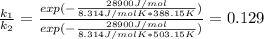 \frac{k_1}{k_2}=\frac{exp(-\frac{28900J/mol}{8.314J/molK*388.15K} )}{exp(-\frac{28900J/mol}{8.314J/molK*503.15K} )} =0.129