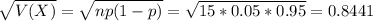 \sqrt{V(X)} = \sqrt{np(1-p)} = \sqrt{15*0.05*0.95} = 0.8441