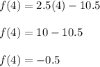 f(4)=2.5(4)-10.5\\\\f(4)=10-10.5\\\\f(4)=-0.5