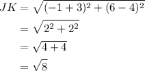 \begin{aligned}J K &=\sqrt{(-1+3)^{2}+(6-4)^{2}} \\&=\sqrt{2^{2}+2^{2}} \\&=\sqrt{4+4} \\&=\sqrt{8}\end{aligned}