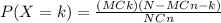 P(X=k)= \frac{(MCk)(N-M C n-k)}{NCn}