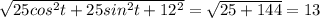 \sqrt{25cos^{2}t+25sin^{2}t+12^2} = \sqrt{25+144} = 13