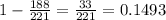 1 - \frac{188}{221} = \frac{33}{221} = 0.1493