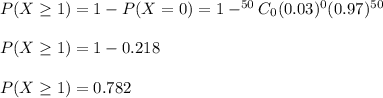 P(X\geq 1)=1-P(X=0)=1-^{50}C_0(0.03)^0(0.97)^{50}\\\\P(X\geq 1)=1-0.218\\\\P(X\geq 1)=0.782