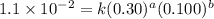 1.1\times 10^{-2}=k(0.30)^a(0.100)^b