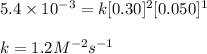 5.4\times 10^{-3}=k[0.30]^2[0.050]^1\\\\k=1.2M^{-2}s^{-1}