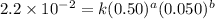 2.2\times 10^{-2}=k(0.50)^a(0.050)^b