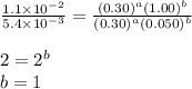 \frac{1.1\times 10^{-2}}{5.4\times 10^{-3}}=\frac{(0.30)^a(1.00)^b}{(0.30)^a(0.050)^b}\\\\2=2^b\\b=1