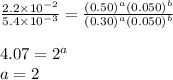 \frac{2.2\times 10^{-2}}{5.4\times 10^{-3}}=\frac{(0.50)^a(0.050)^b}{(0.30)^a(0.050)^b}\\\\4.07=2^a\\a=2