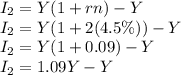 I_2=Y(1+rn)-Y\\I_2=Y(1+2(4.5\%))-Y\\I_2=Y(1+0.09)-Y\\I_2=1.09Y-Y