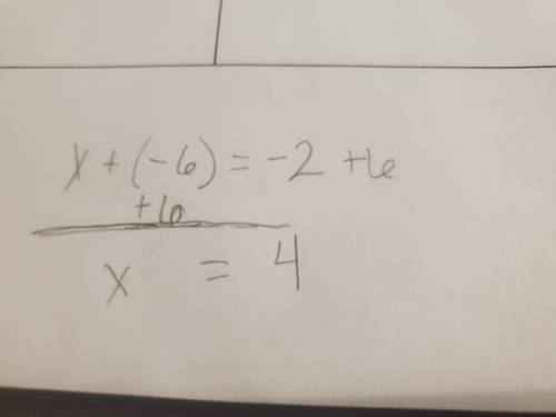 x+(-6)= -2 solve for x and explain your work