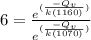 6 =  \frac{e ^{(\frac{-Q_v }{k(1160)}) }}{e ^{(\frac{-Q_v }{k(1070)})}}\\