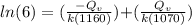 ln(6) =  {{(\frac{-Q_v }{k(1160)}) }{{+(\frac{Q_v }{k(1070)})}}}