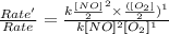 \frac{Rate'}{Rate}=\frac{k\frac{[NO]}{2}^2\times \frac{([O_2]}{2})^1}{k[NO]^2[O_2]^1}