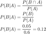 P(B|A) = \dfrac{P(B\cap A)}{P(A)}\\P(B|A) = \dfrac{P(B)}{P(A)}\\\\P(B|A) = \dfrac{0.05}{0.6} = 0.12