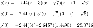p(x) = -2.44(x + 3)(x -\sqrt{7})(x-(1-\sqrt{6})\\\\p(0) = -2.44(0+3)(0-\sqrt{7})(0-(1-\sqrt{6})\\\\p(0) = -2.44(3)(-2.6457)(1.4495) = 28.0716\\