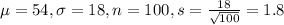 \mu = 54, \sigma = 18, n = 100, s = \frac{18}{\sqrt{100}} = 1.8