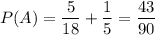 \displaystyle P(A)=\frac{5}{18}+\frac{1}{5}=\frac{43}{90}