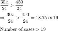 \dfrac{30x}{24}\dfrac{450}{24}\\\\\Rightarrow \dfrac{30x}{24}\dfrac{450}{24} = 18.75 \approx 19\\\\\text{Number of cases}  19