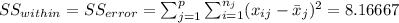 SS_{within}=SS_{error}=\sum_{j=1}^p \sum_{i=1}^{n_j} (x_{ij}-\bar x_j)^2 =8.16667