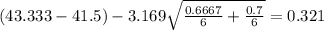 (43.333 -41.5) - 3.169 \sqrt{\frac{0.6667}{6} +\frac{0.7}{6}}= 0.321