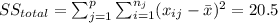 SS_{total}=\sum_{j=1}^p \sum_{i=1}^{n_j} (x_{ij}-\bar x)^2 =20.5
