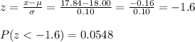 z=\frac{x-\mu}{\sigma}=\frac{17.84-18.00}{0.10}=  \frac{-0.16}{0.10} =-1.6\\\\P(z