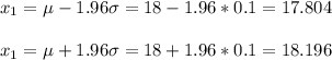 x_1=\mu-1.96\sigma=18-1.96*0.1=17.804\\\\x_1=\mu+1.96\sigma=18+1.96*0.1=18.196