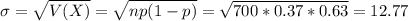\sigma = \sqrt{V(X)} = \sqrt{np(1-p)} = \sqrt{700*0.37*0.63} = 12.77