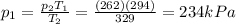 p_1 = \frac{p_2 T_1}{T_2}=\frac{(262)(294)}{329}=234 kPa