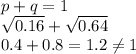 p + q=1\\\sqrt{0.16} +\sqrt{0.64} \\0.4+0.8 = 1.2\neq 1