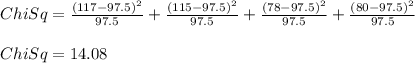 ChiSq=\frac{(117-97.5)^2}{97.5} + \frac{(115-97.5)^2}{97.5}  + \frac{(78-97.5)^2}{97.5} + \frac{(80-97.5)^2}{97.5} \\\\ChiSq=14.08