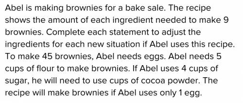 Abel is making brownies for a bake sale. The recipe shows the amount of each ingredient needed to ma